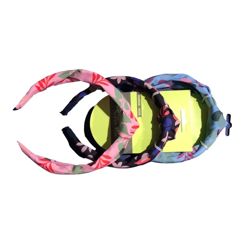 3pk knotted assorted headbands in‎ pink blue black floral new FREE